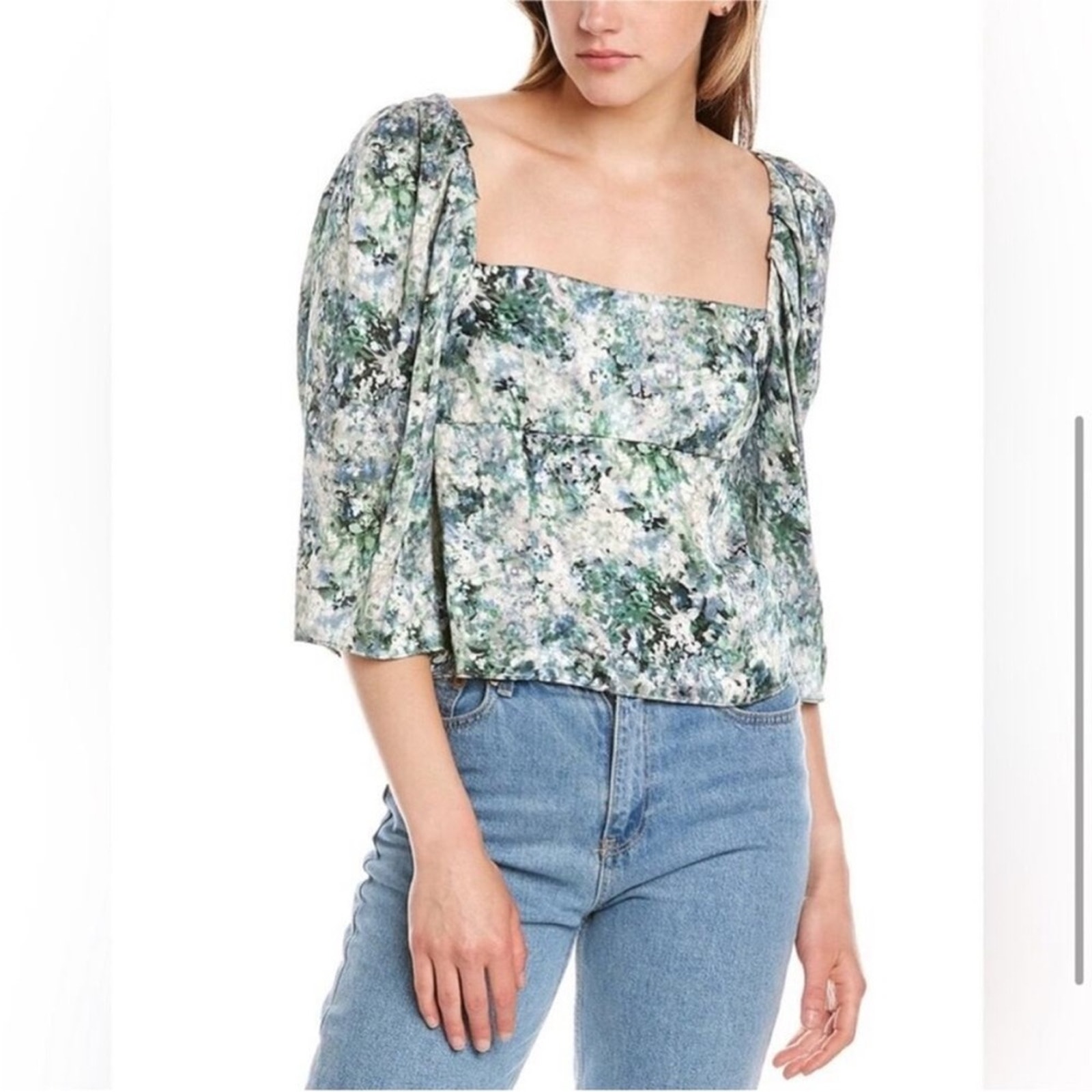 Vince Nwt Painted Floral Draped Long Sleeve Square-Neck Top Size 8